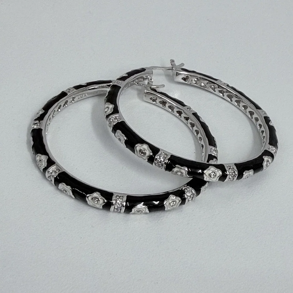 Lauren G Adams Large Enamel Hoop Earrings Black CZ's Silver Tone Metal Pierced